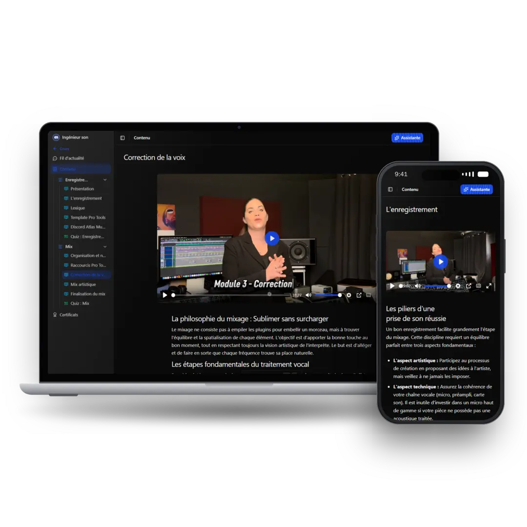 La formation Ingénieur son sur la plateforme Atlas Music, sur ordinateur et sur mobile