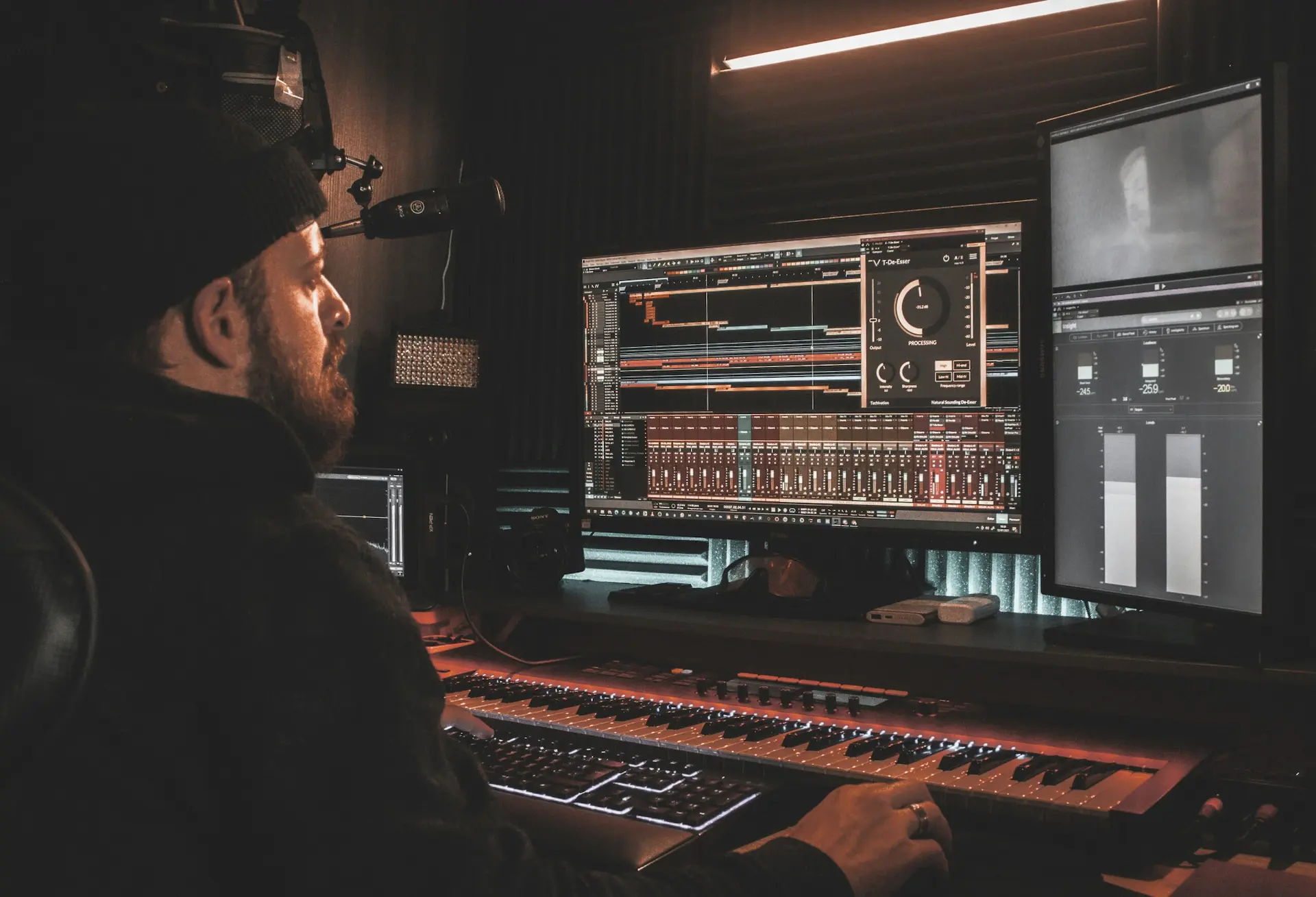 Producteur en casquette compose sur clavier MIDI dans un studio insonorisé
